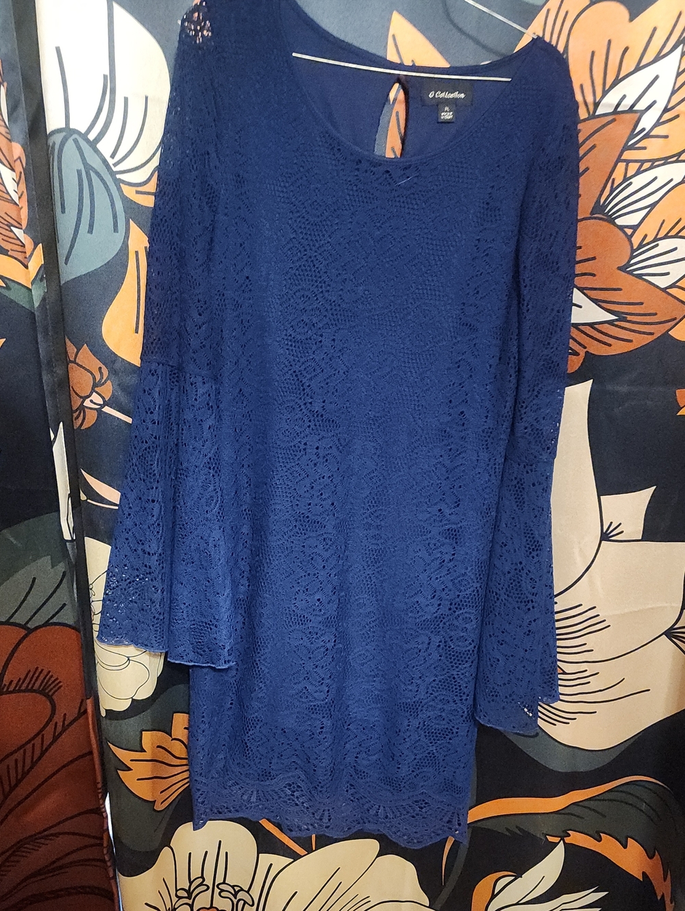 Blue Lace Long-Sleeve Dress with Bell Sleeves